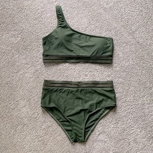 Shein bikini full coverage bottom with illusion trim one shoulder top